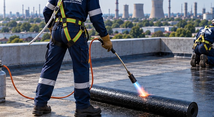 Eltrac crew in fall-arrest harnesses applying torch-on waterproofing membrane to a flat roof in Secunda